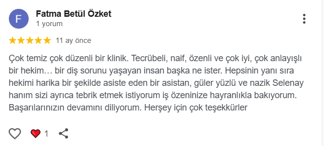 Fatma Betül Özket — 5 yıldız: Çok temiz, düzenli, tecrübeli ve anlayışlı bir klinik.